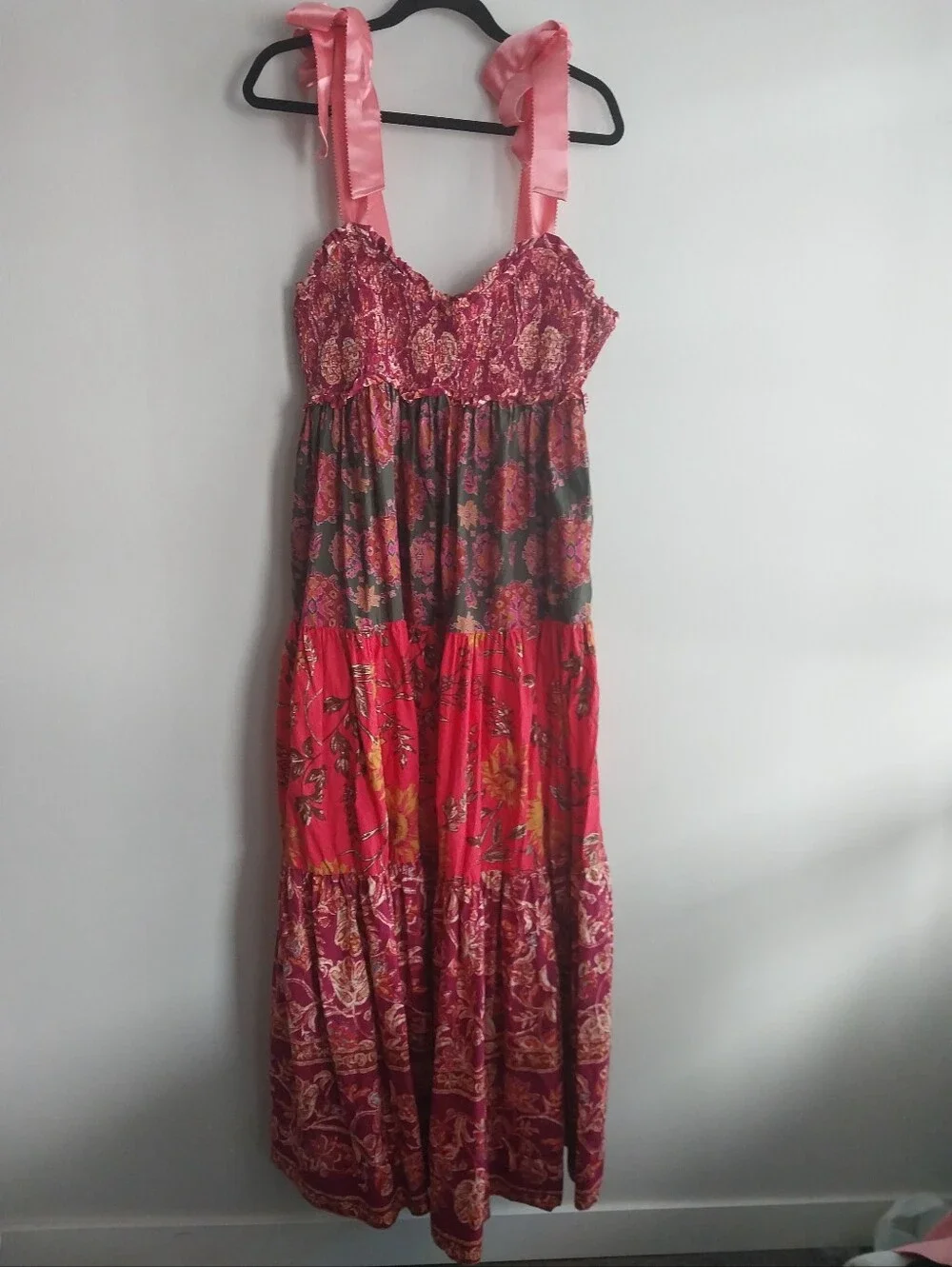 Free People Bluebell Magenta Floral Ribbon Tie Smocked Tiered Boho Maxi Dress